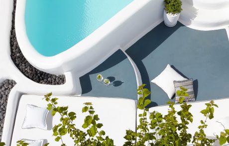 the pool and the built-in sunbed on a Dana Villas private suite terrace
