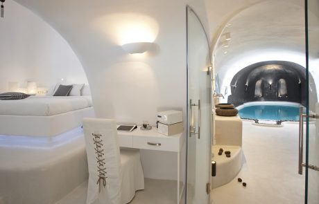 Interior view of signature infinity pool villa, Dana Villas Santorini