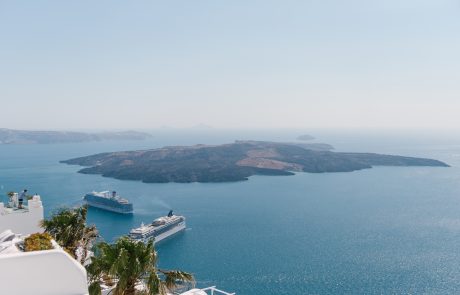 Panoramic view of Nea Kammeni island, part of the volcano of Santorini