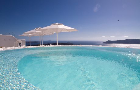 View over the Aegean Sea from the shared pool of Dana Villas & Infinity Suites