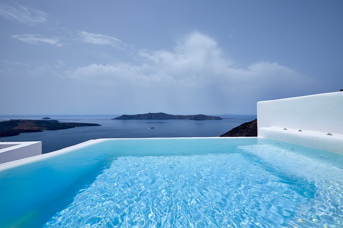 View of the Aegean Sea from the outdoor pool of Dana Villas Superior Pool Suite